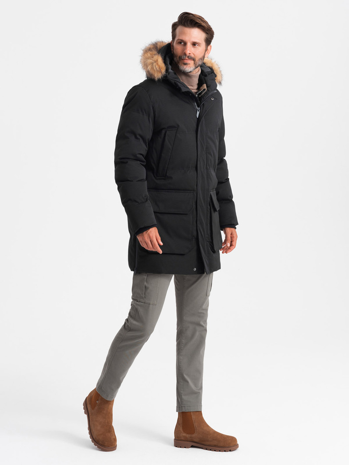 Men's insulated long parka jacket with flared bottom - black V3 OM-JALJ-0184