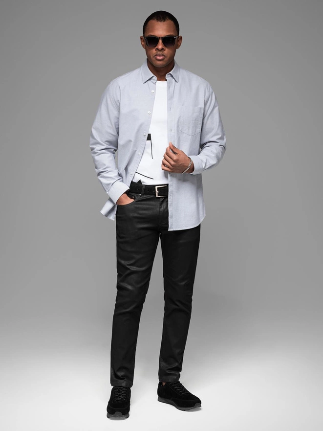 Elegant men's oxford shirt with embroidery and pocket - blue V1 OM-SHOS-0173