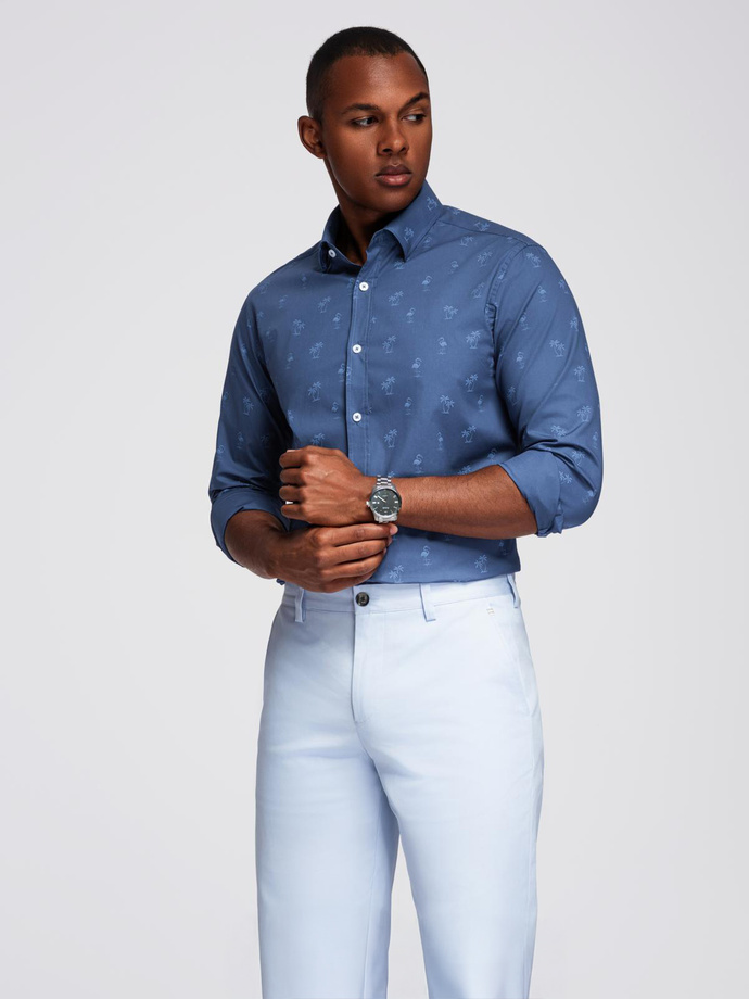 Cămașă clasică pentru bărbați din bumbac SLIM FIT cu palmieri - albastru închis V5 OM-SHCS-0156
