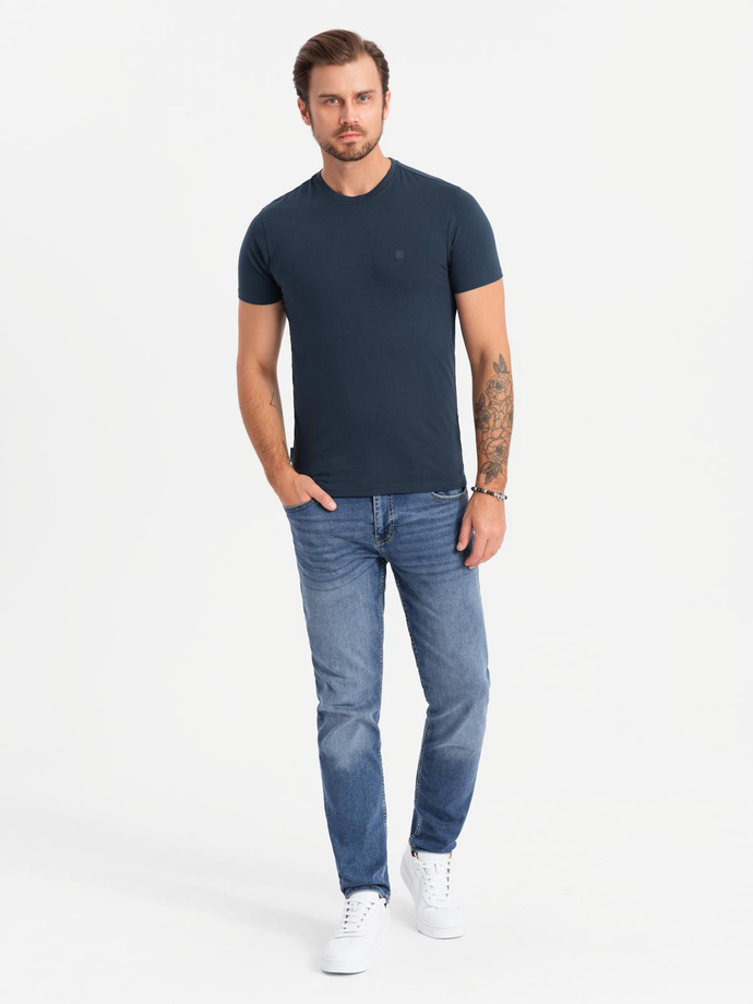 Men's SLIM FIT T-shirt with round neckline and logo - navy blue V2 OM-TSCT-0220 