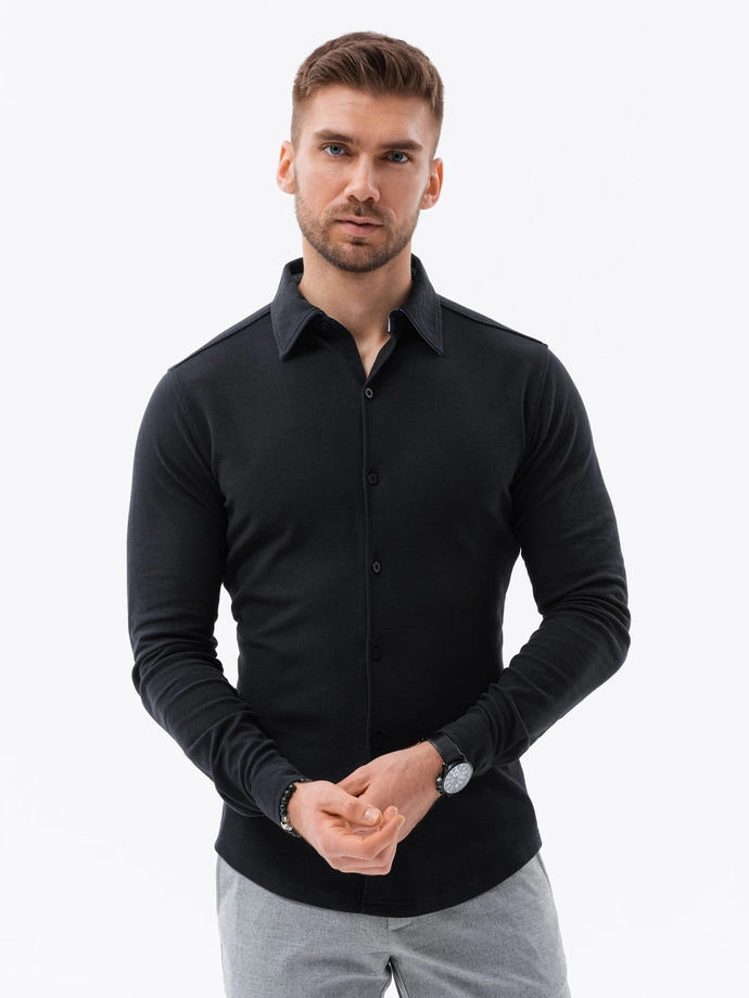 Cămașă cu mânecă lungă SLIM FIT tricotată pentru bărbați - negru V4 OM-SHCS-0177