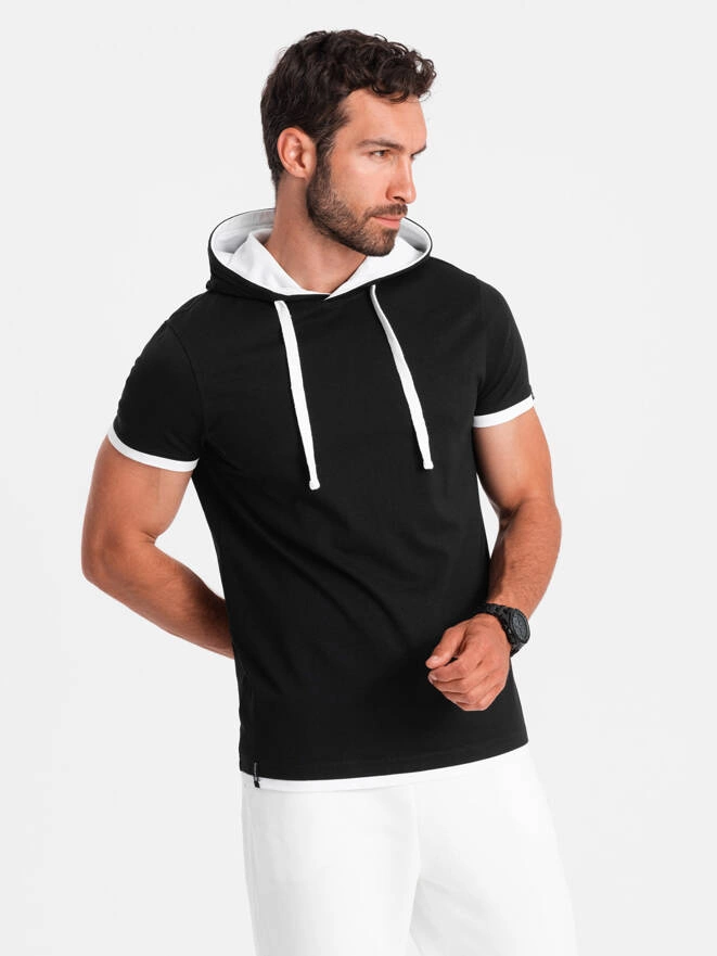 Casual men's cotton hooded t-shirt - black V9 OM-TSCT-22SS-001