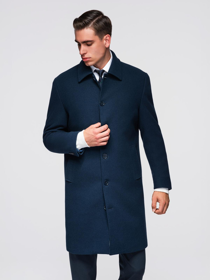 Men's long single-breasted coat with collar and undercoat - black V1 OM-COWC-0106