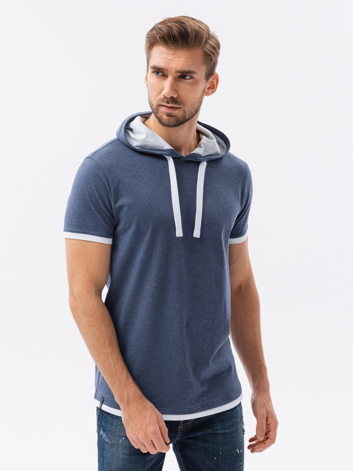 Men's plain hooded t-shirt - blue melange S1376