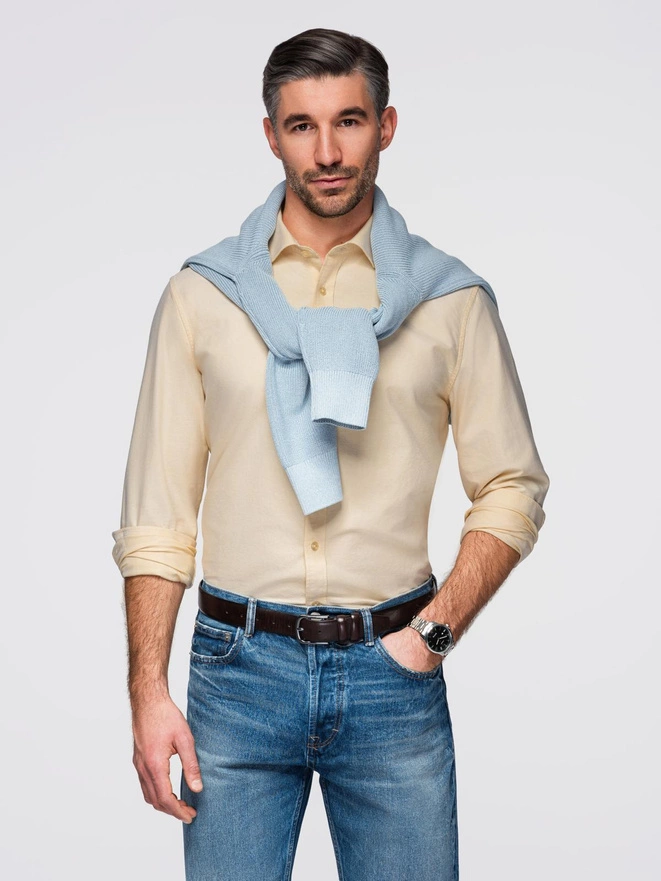 Cămașă oxford elegantă pentru bărbați cu broderie și buzunar - albastru V1 OM-SHOS-0173