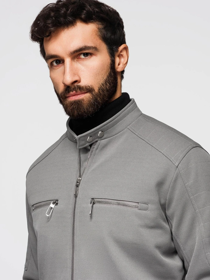 Men's biker jacket with pockets and collar - grey V3 OM-JALP-0157