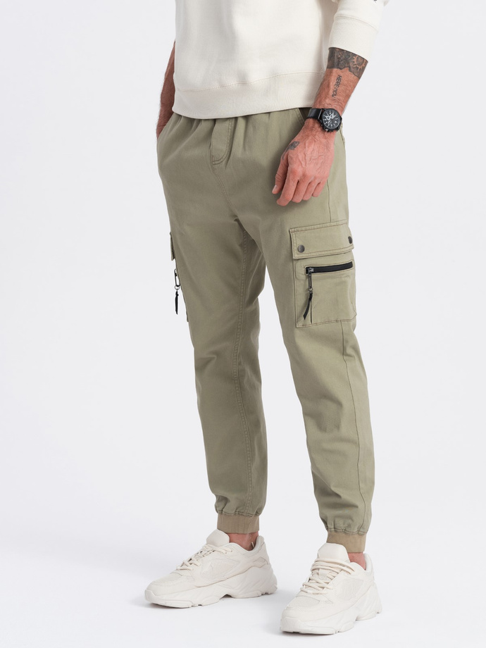 Pánské kalhoty JOGGER s cargo kapsami na zip - khaki V1 OM-PAJO-0125