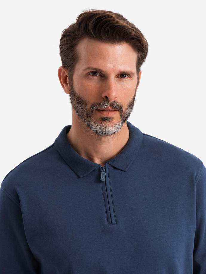 Men's polo longsleeve with zippered collar - navy blue V7 OM-POLS-0130