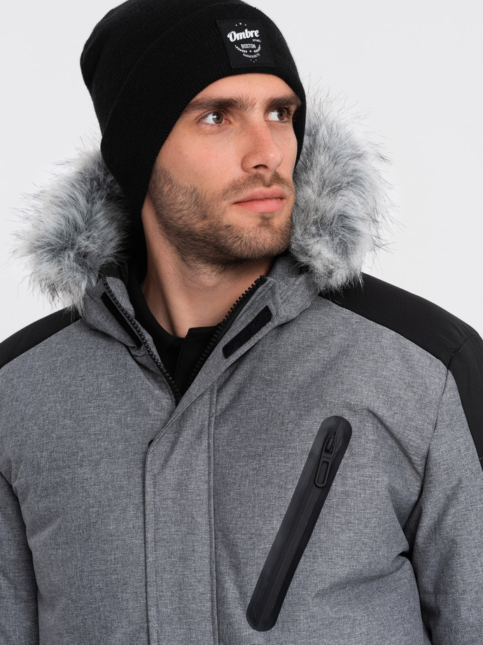 Men's winter jacket with adjustable hood with detachable fur - grey and black V1 OM-JAHP-0144