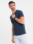 Tricou pentru bărbați cu inserții contrastante și decolteu rotund - albastru marin V1 OM-TSCT-0198