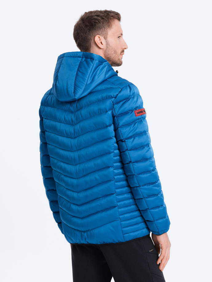 Men's quilted jacket with satin finish - intense blue V6 OM-JALP-0121