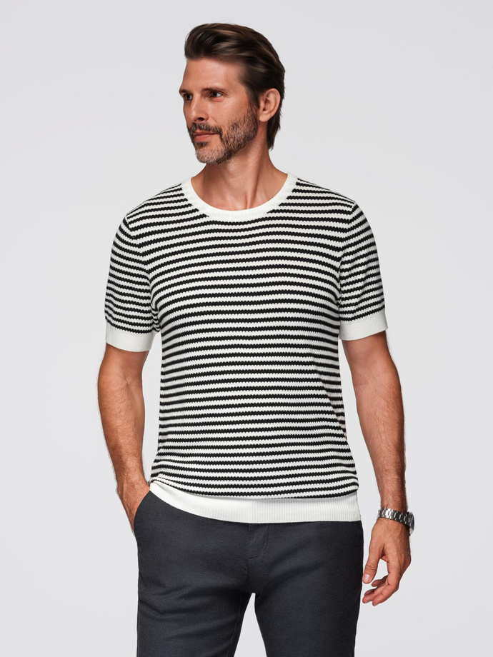 Tricou bărbătesc tricotat cu dungi marinărești și împletitură openwork - alb și negru V1 OM-TSCT-0255
