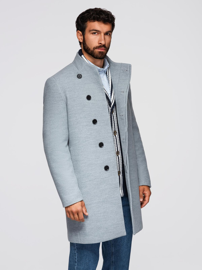 Men's coat with high collar and asymmetrical fastening - grey melange V1 OM-COWC-0141