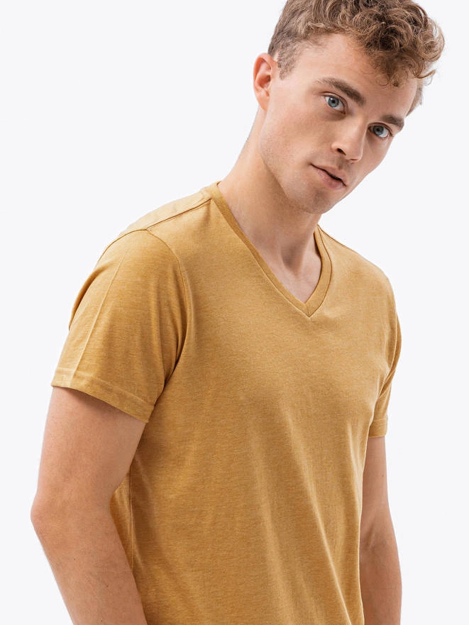 Klasické pánske tričko BASIC s výstrihom - horčicový melír V19 S1369