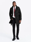 Elegant SLIM FIT men's trench coat with belt - black V2 OM-COSC-0126