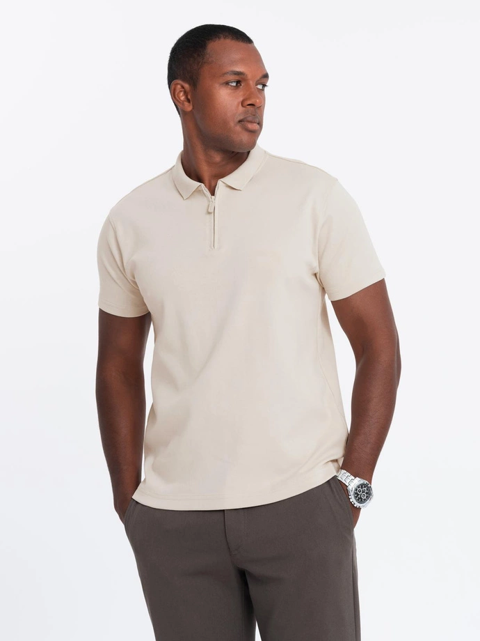 Tricou polo pentru bărbați cu guler cu fermoar - crem V3 OM-POSS-0132 