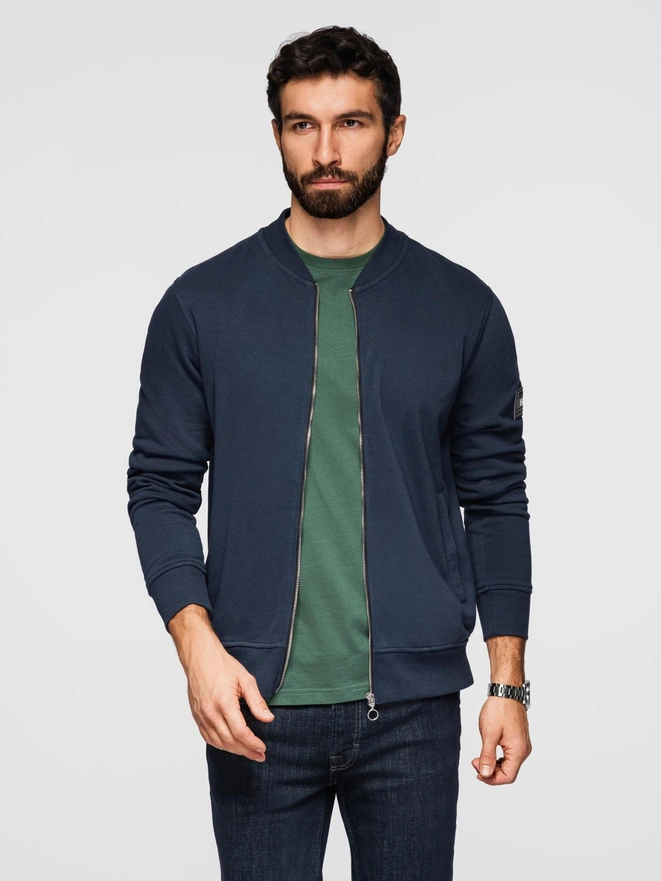 Men's unbuttoned cotton sweatshirt bomber - navy blue V4 OM-SSZP-0215