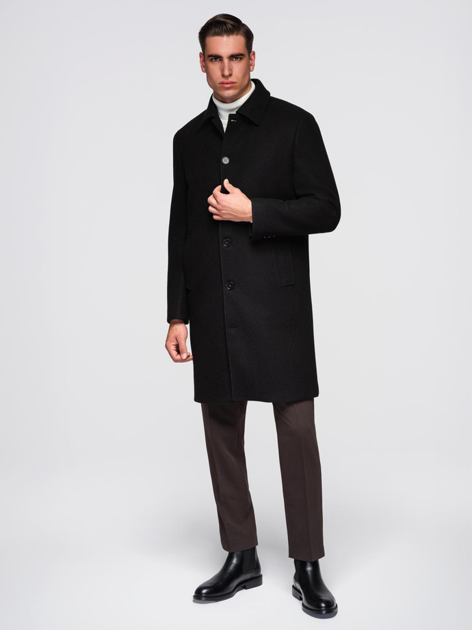Men's long single-breasted coat with collar and undercoat - black V1 OM-COWC-0106