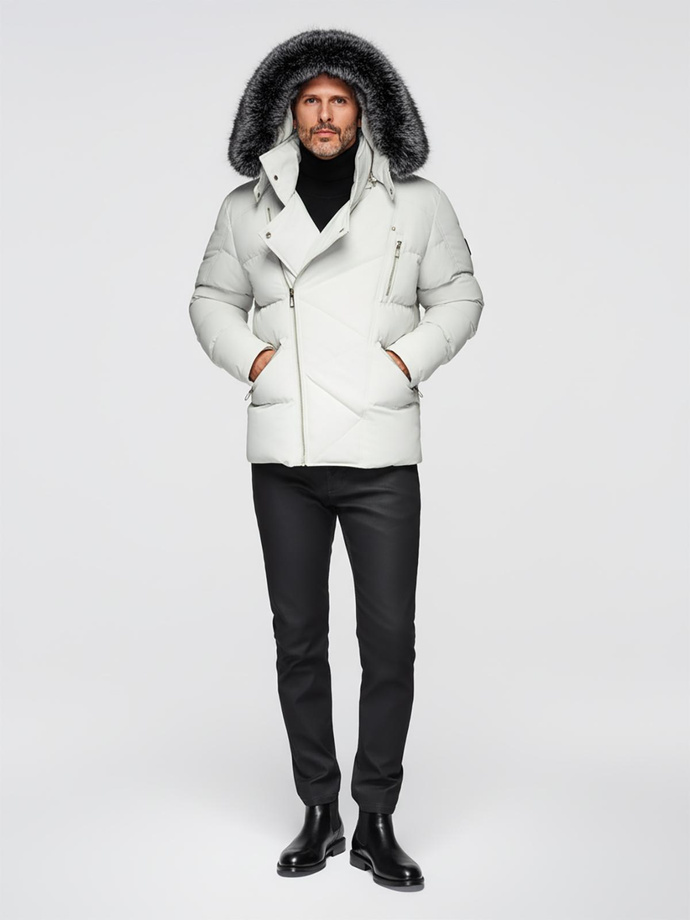 Jachetă matlasată pentru bărbați, cu glugă, croită ramonesque - gri deschis V4 OM-JAHP-0252