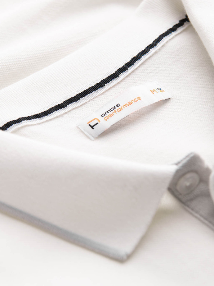 Vyriški prigludę polo marškinėliai su dvispalvėmis juostelėmis - balti V4 OM-POSS-0127