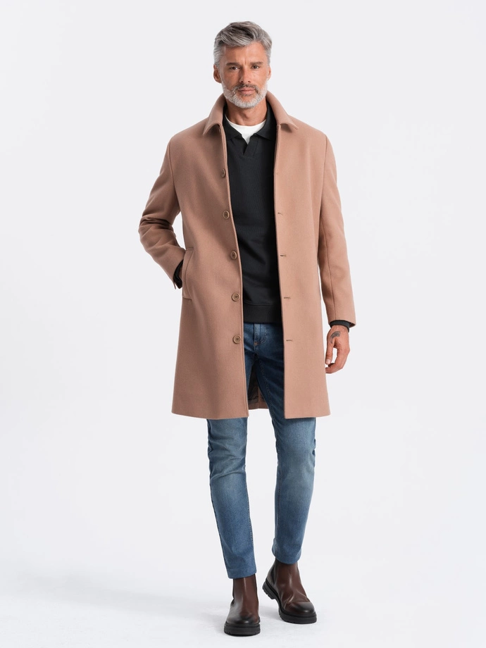 Single-breasted men's long coat with collar and bolster - brown V2 OM-COWC-0106