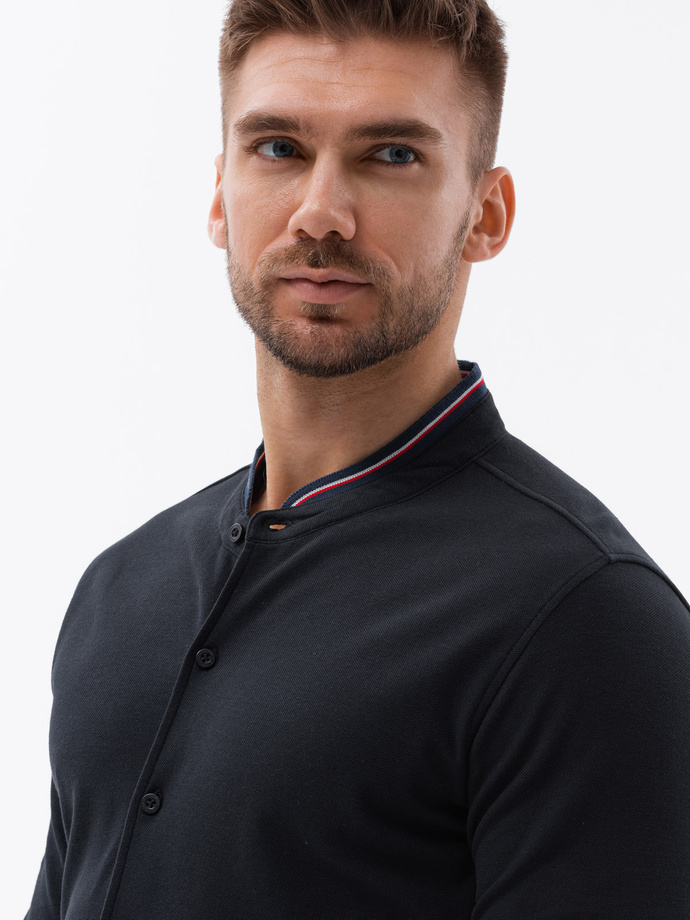 Pánska bavlnená košeľa SLIM FIT s golierom a farebnými pruhmi - čierna V4 OM-SHCS-0178