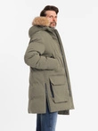 Men's long parka jacket with flared bottom - dark olive green V4 OM-JALJ-0184