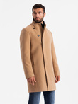 Men's coat with asymmetrical fastening and high collar - light brown V4 OM-COWC-0120