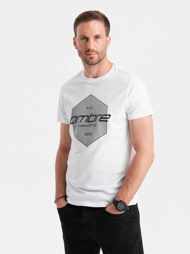 Tricou bărbătesc din bumbac cu imprimeu geometric și logo - alb V1 OM-TSPT-0141