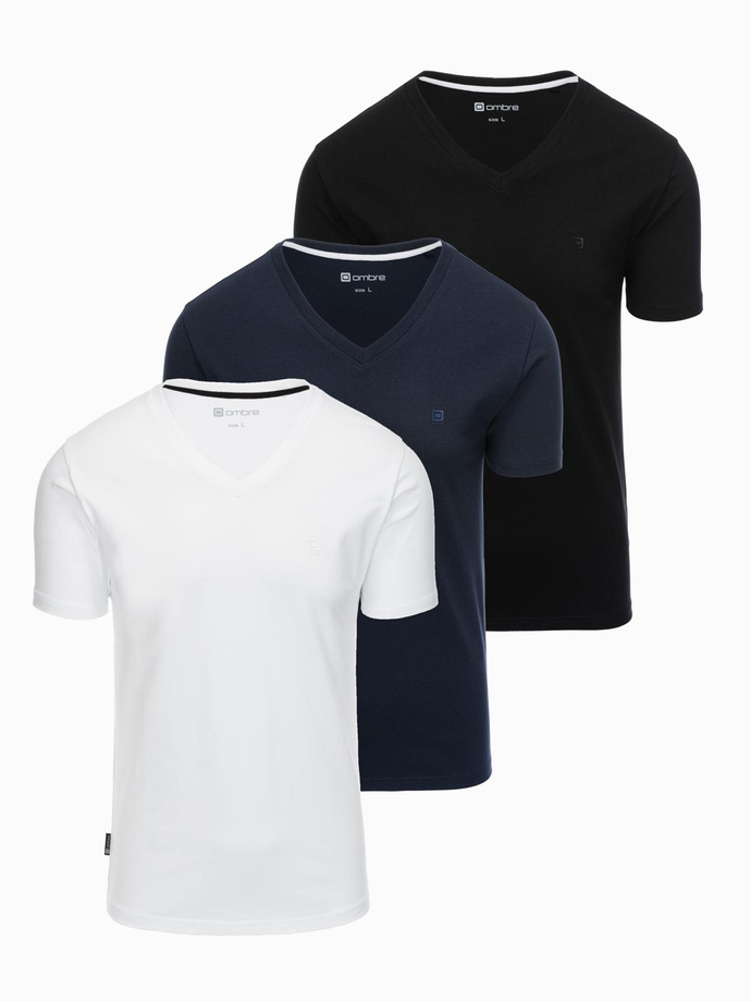 Set of shirts with V neckline and elastane and subtle logo 3-pack - mix white/ navy/black V1 Z100