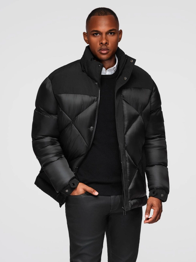Men's quilted jacket with high zipped hood - black V1 OM-JAHP-0238