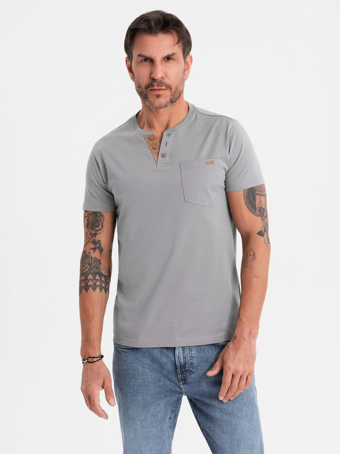 Men's t-shirt with button neckline and suede trim - grey V3 OM-TSCT-0206