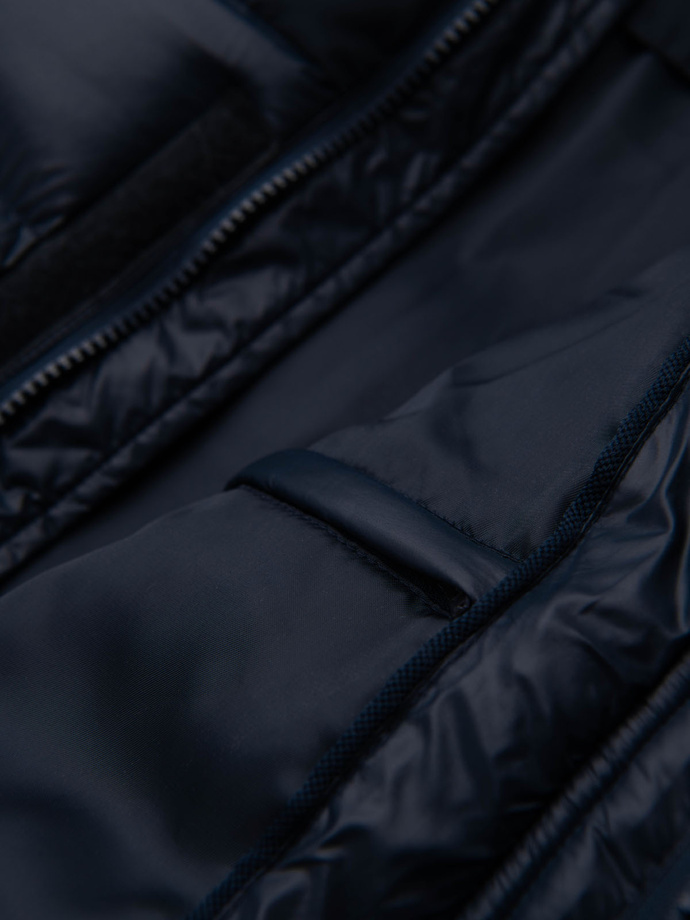 Men's quilted jacket with combined materials and hood - navy blue V3 OM-JALJ-0266