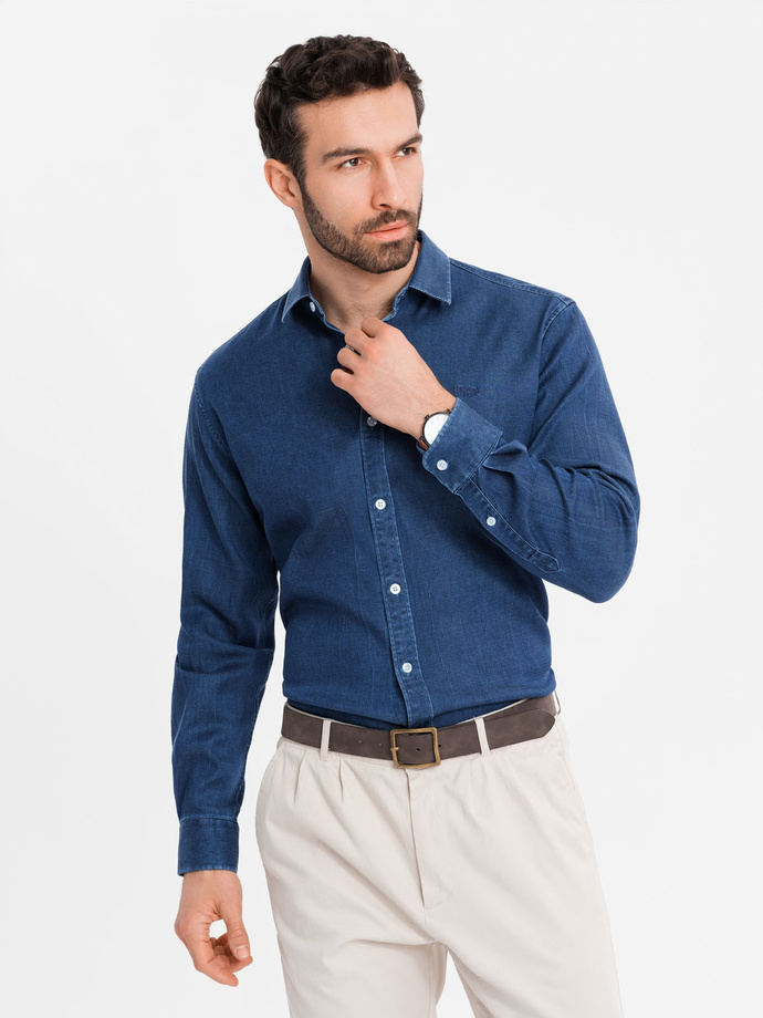 Cămașă bărbătească din bumbac cu model SLIM FIT - albastru marin V6 OM-SHCS-0151