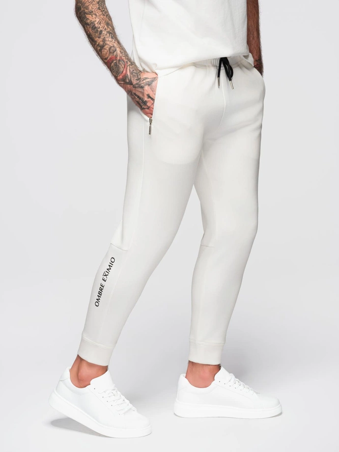 Men's sweatpants with ribbed legs and rubber print - white V2 OM-PASK-0223