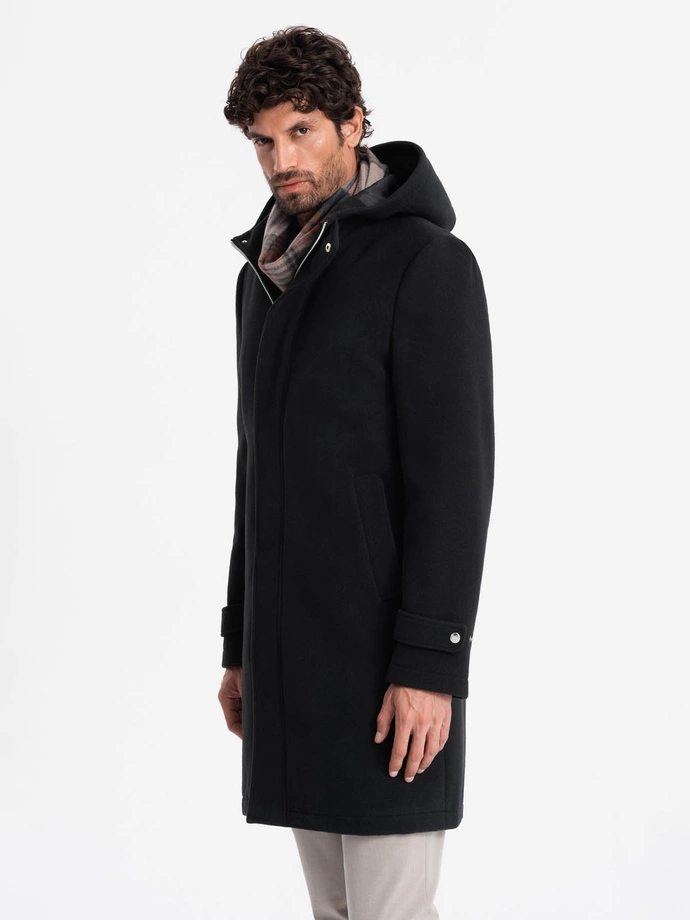 Men's long monochrome hooded coat - black V3 OM-COWC-22FW-005