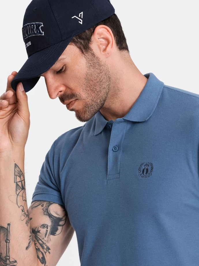 BASIC tricou polo pentru bărbați, tricou piqué monocolor - albastru V16 OM-POBS-0100