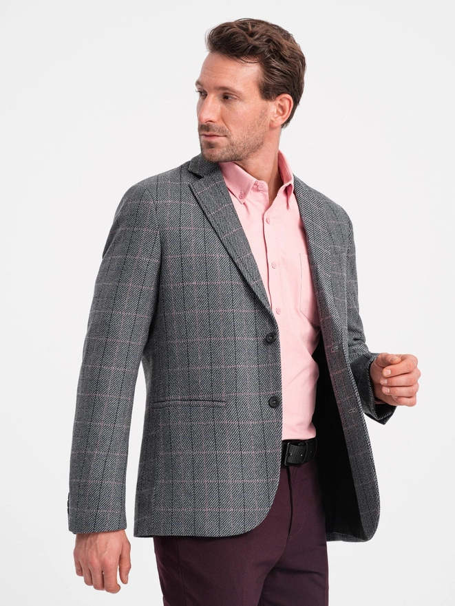 Men's jacquard blazer in delicate check - graphite V1 OM-BLZB-0119