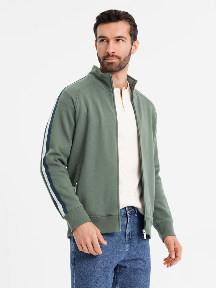 Men's sweatshirt with high collar and stripes - olive V2 OM-SSZP-0219
