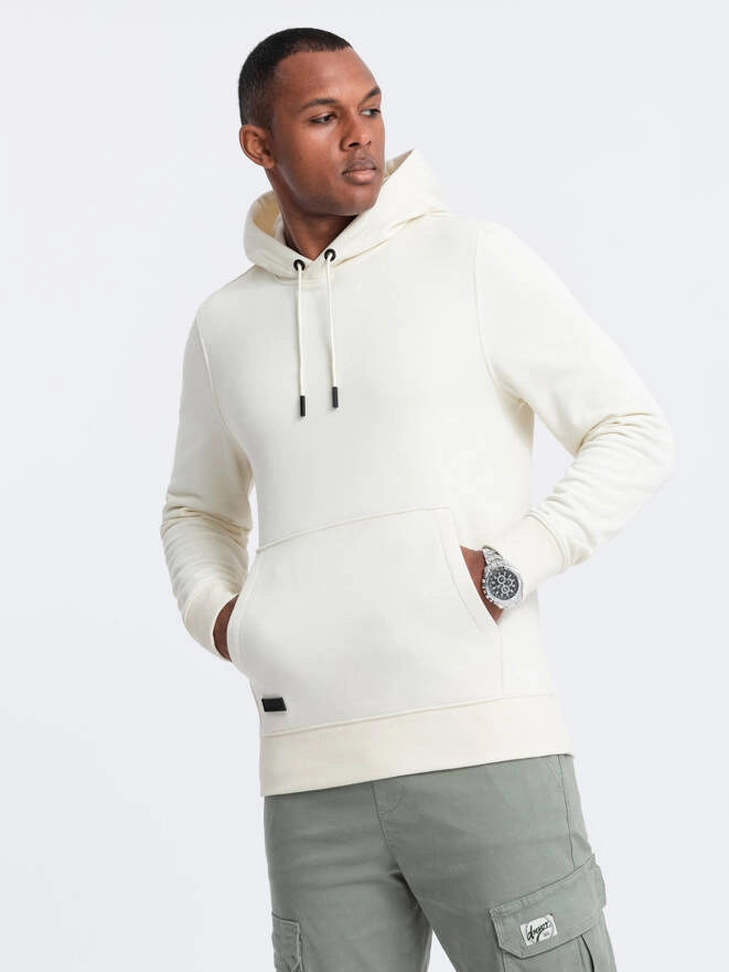 Men's BASIC cotton kangaroo hooded sweatshirt - cream V5 OM-SSBN-0161