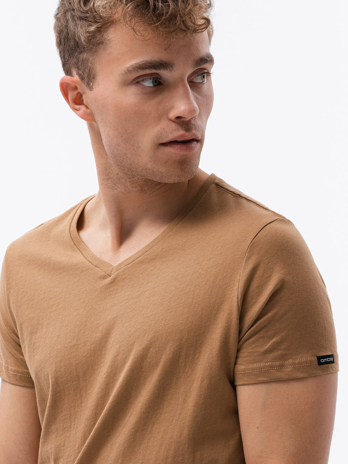 Men's classic BASIC v-neck T-shirt - light brown V9 S1369 | Ombre