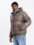 Warm men's puffer jacket with welts - dark beige V3 OM-JAHP-0207