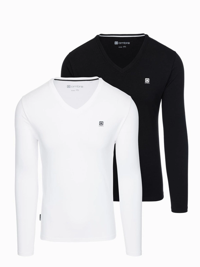 Sada pánskych dlhých rukávov SLIM FIT s výstrihom do V a logom 2-pack - mix biela/čierna V2 Z103