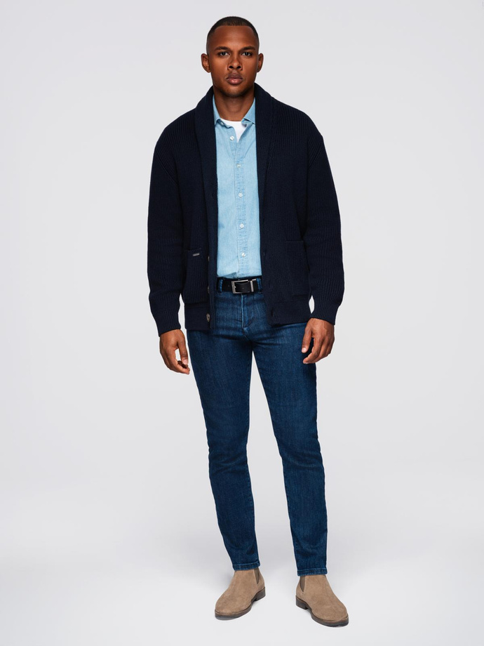 Pulover cardigan din bumbac pentru bărbați cu guler șal - albastru marin V1 OM-SWCD-0153