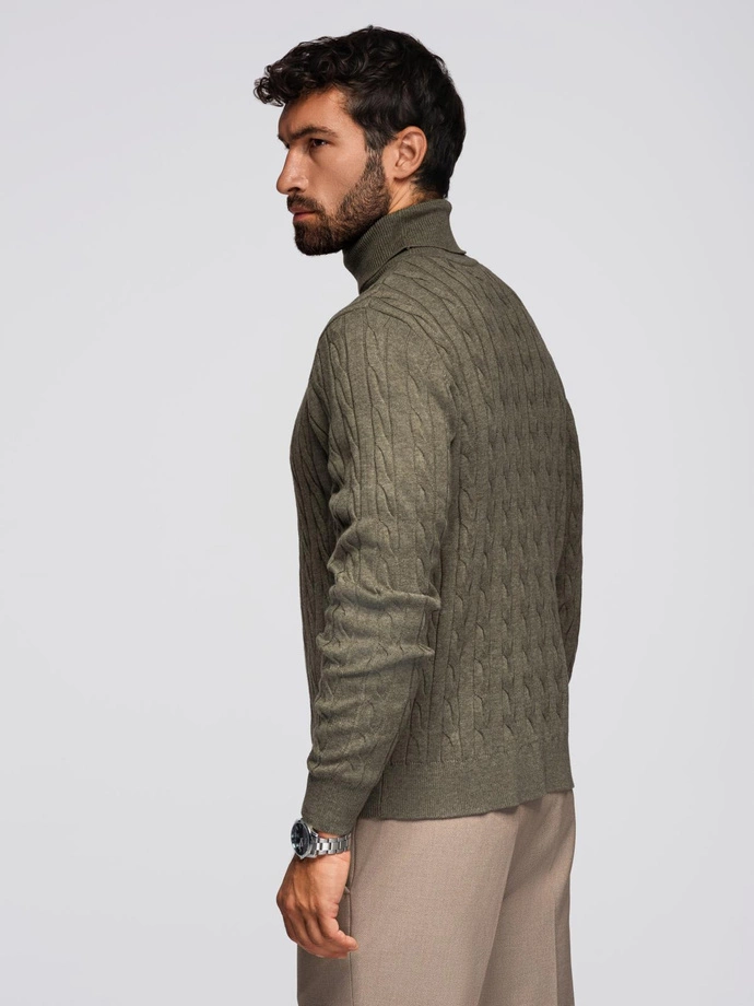 Men's turtleneck sweater with checkered weave - olive V2 OM-SWTN-0157