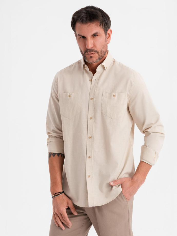 Men's linen shirt with classic collar and pockets REGULAR FIT - cream V3 OM-SHCS-0134