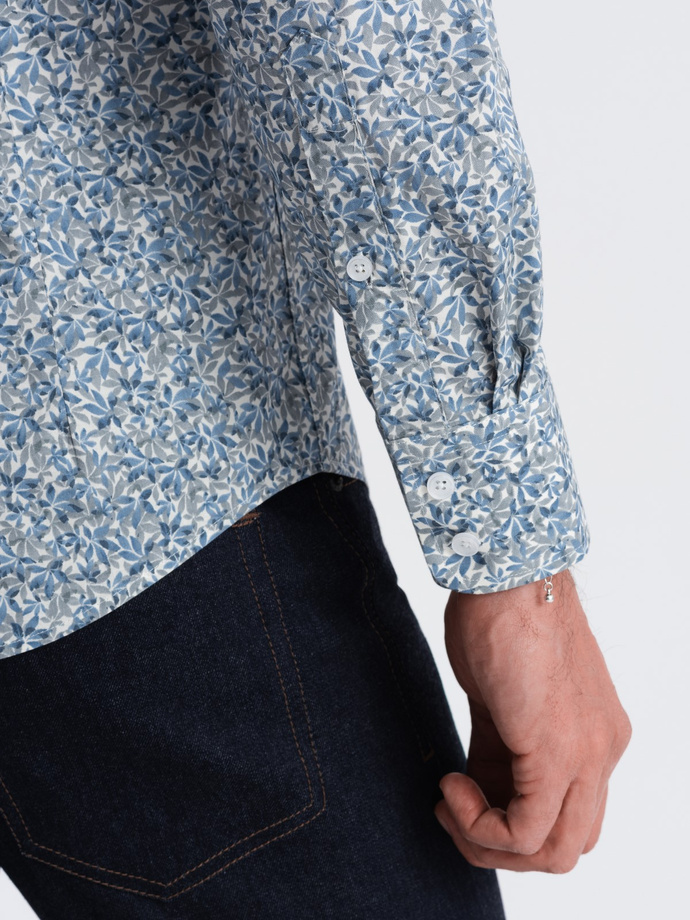 Cămașă bărbătească SLIM FIT cu imprimeu frunze mici - albastru deschis V1 OM-SHPS-0163