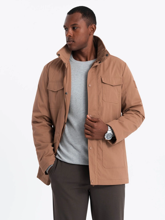 Men's lightweight jacket with pockets and high collar - brown V5 OM-JALP-0167