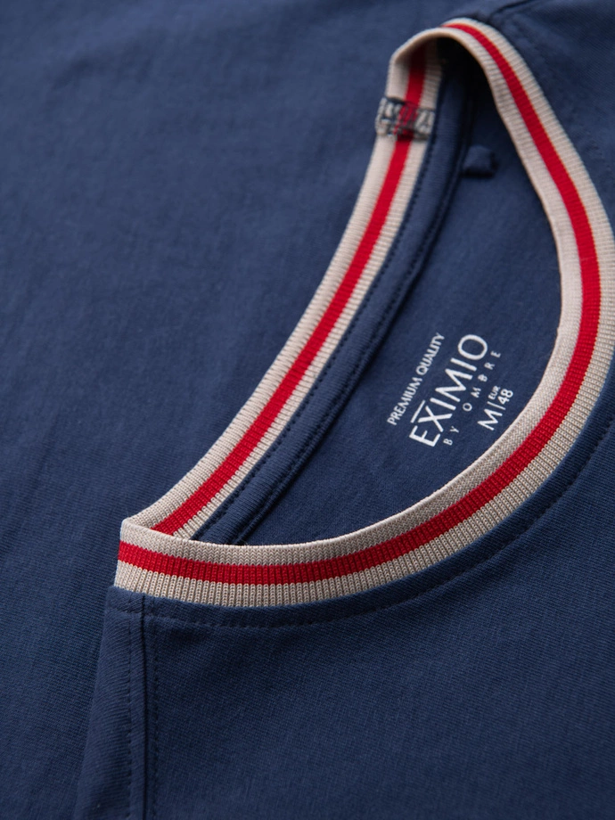 Men's cotton longsleeve with striped U neckline and embroidery - dark blue V3 OM-LSCL-0128