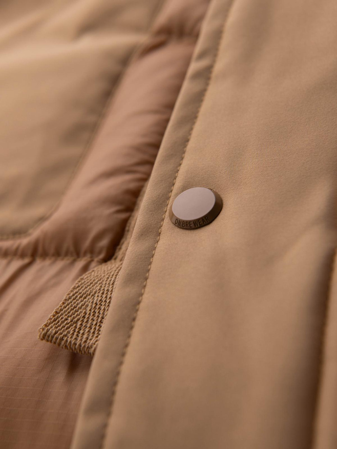 Vyriška ilga dygsniuota striukė su didelėmis kišenėmis - smėlio spalvos V2 OM-JALJ-0308